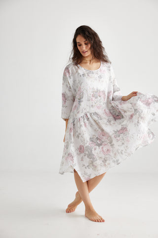 WOMEN'S - Clarissa Linen Dress FLORAL - WHITE