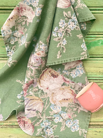 In Bloom Linen Tea Towel - Garden Party Green, Gorgeous Floral Fabric