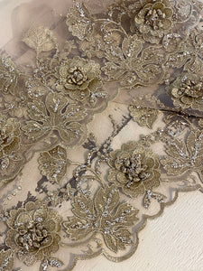 Gold Glittered Lace. Gold on champagne netting with applique roses