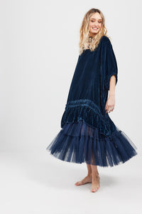 Violette Velvet luxury swing dress. Midnight Blue