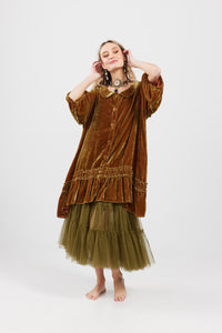 Florentine velvet coat dress. Russet Gold.