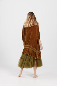 Florentine velvet coat dress. Russet Gold.