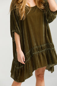 Violette velvet Luxury swing dress. Olive Green