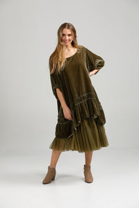 Violette velvet Luxury swing dress. Olive Green