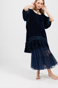 Violette Velvet luxury swing dress. Midnight Blue