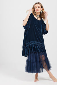 Violette Velvet luxury swing dress. Midnight Blue