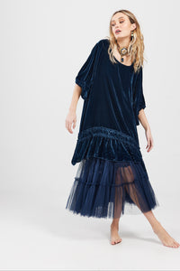 Violette Velvet luxury swing dress. Midnight Blue