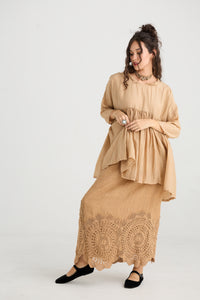 Desert Rose Linen & lace skirt. Burnt Sugar