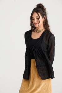 Elodie Short Linen gauze & Lace jacket. Licorice