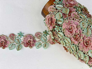 Rose and Leaf lace trim. Dusty Pink & Gold Thread