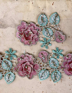 Rose and Leaf lace trim. Dusty Pink & Gold Thread