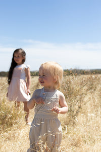 Linen and lace romper. Natural. Pale Pink.