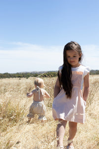 Linen and lace romper. Natural. Pale Pink.