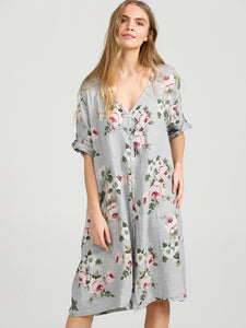 Abigail Floral Coatdress - Linen button up coat Misty Green