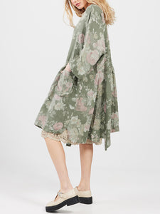 WOMEN'S - Clarissa Linen Dress FLORAL - OLIVE GREEN